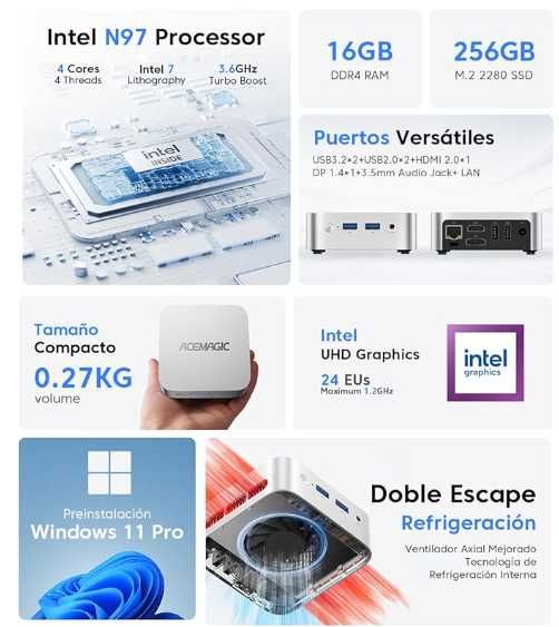 ACEMAGICIAN V1 Mini PC Intel Alder Lake-N97 (até 3,6 GHz), 16 GB DDR4