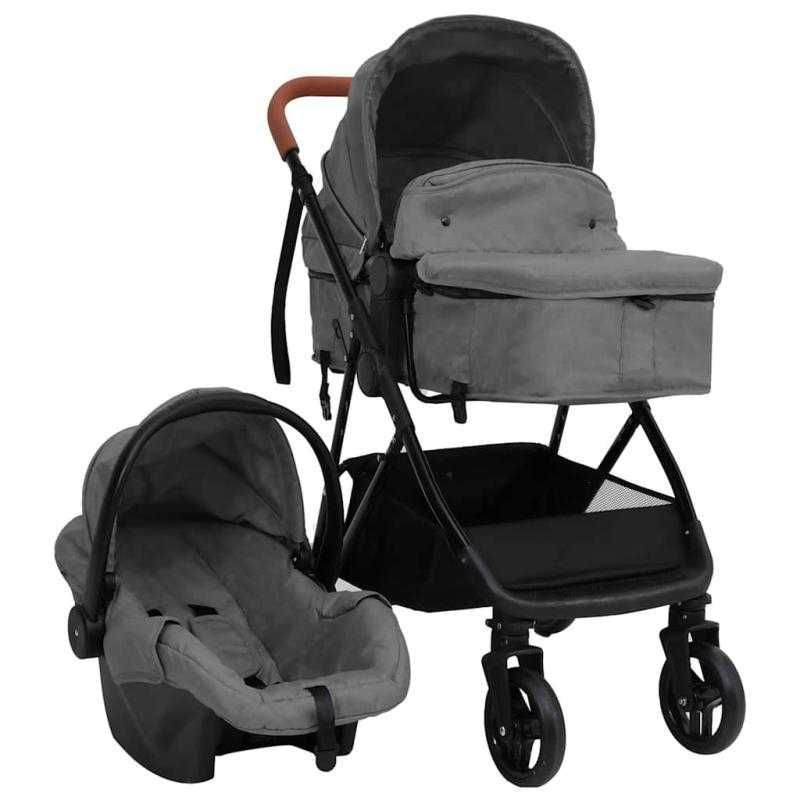 Carrinho de Bebé 3-em-1 com Cadeira Auto – Cinzento-Claro e Preto