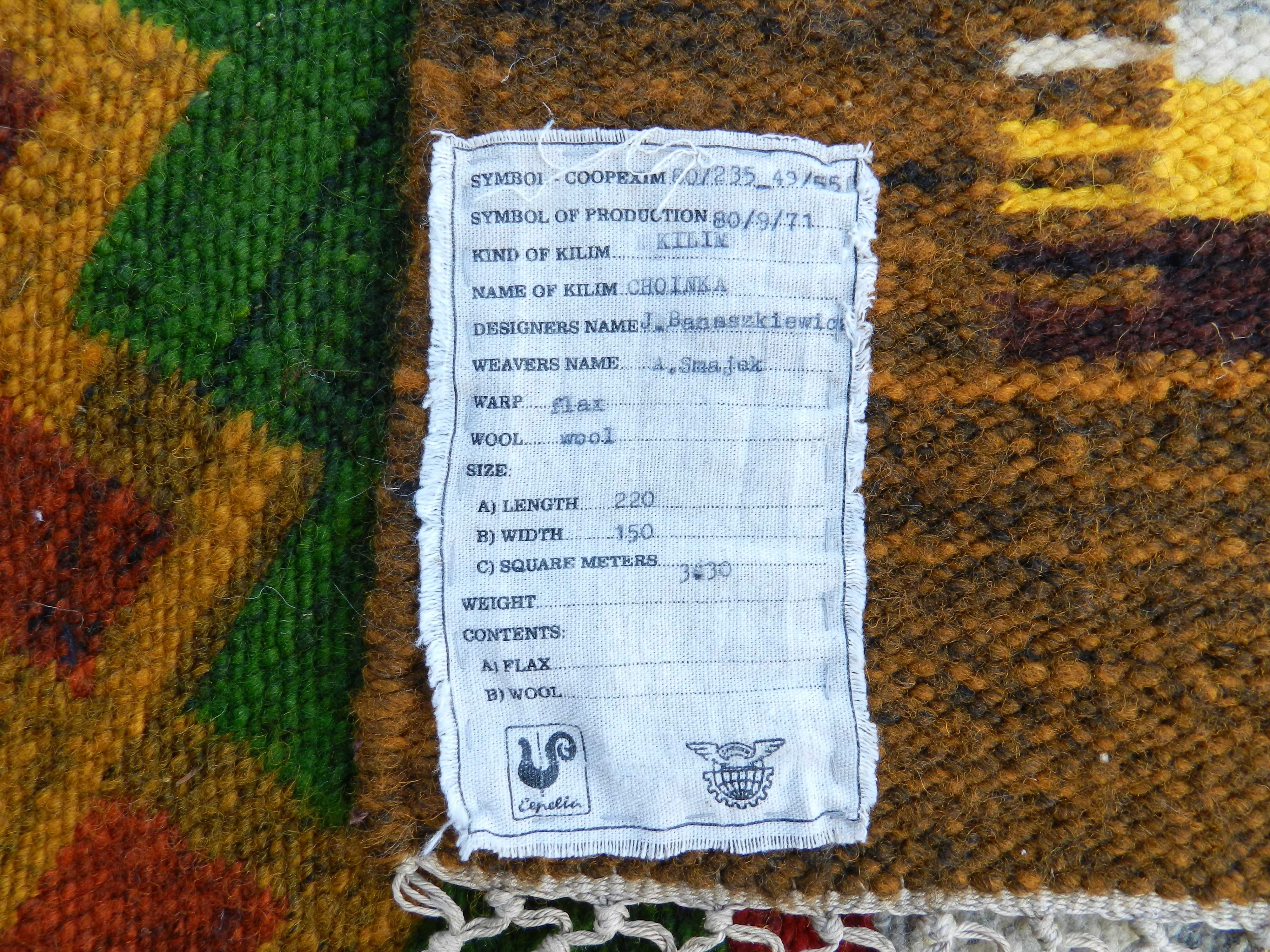 kilim ,,choinka,, J. Banaszkiewicz Cepelia design PRL stan bdb 220x150
