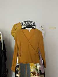 Żółta musztardowa bluzka elegancka wiązana z długim rękawem z falbanką