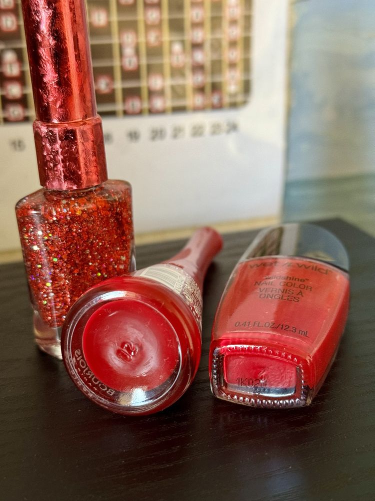 Червоні лаки для нігтів Bourjois 1 seconde, wet n wild, luodanqi