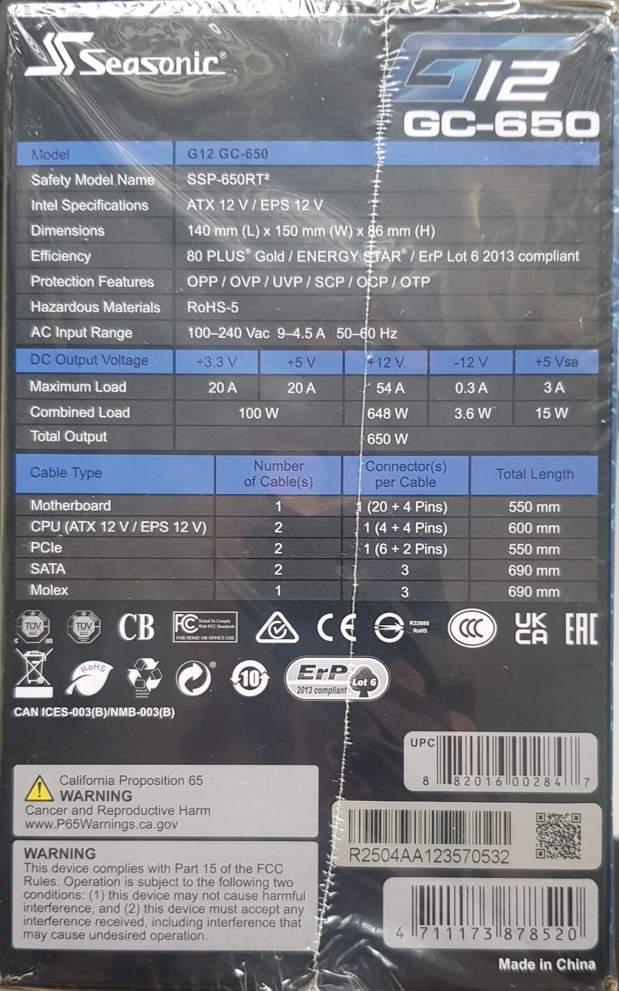 Zasilacz SEASONIC G12-GC-650 80Plus Gold 650W GAMING