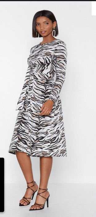 Nasty Gal extra midi Sukienka zwierzęcy wzór zebra roz. 36 _ S