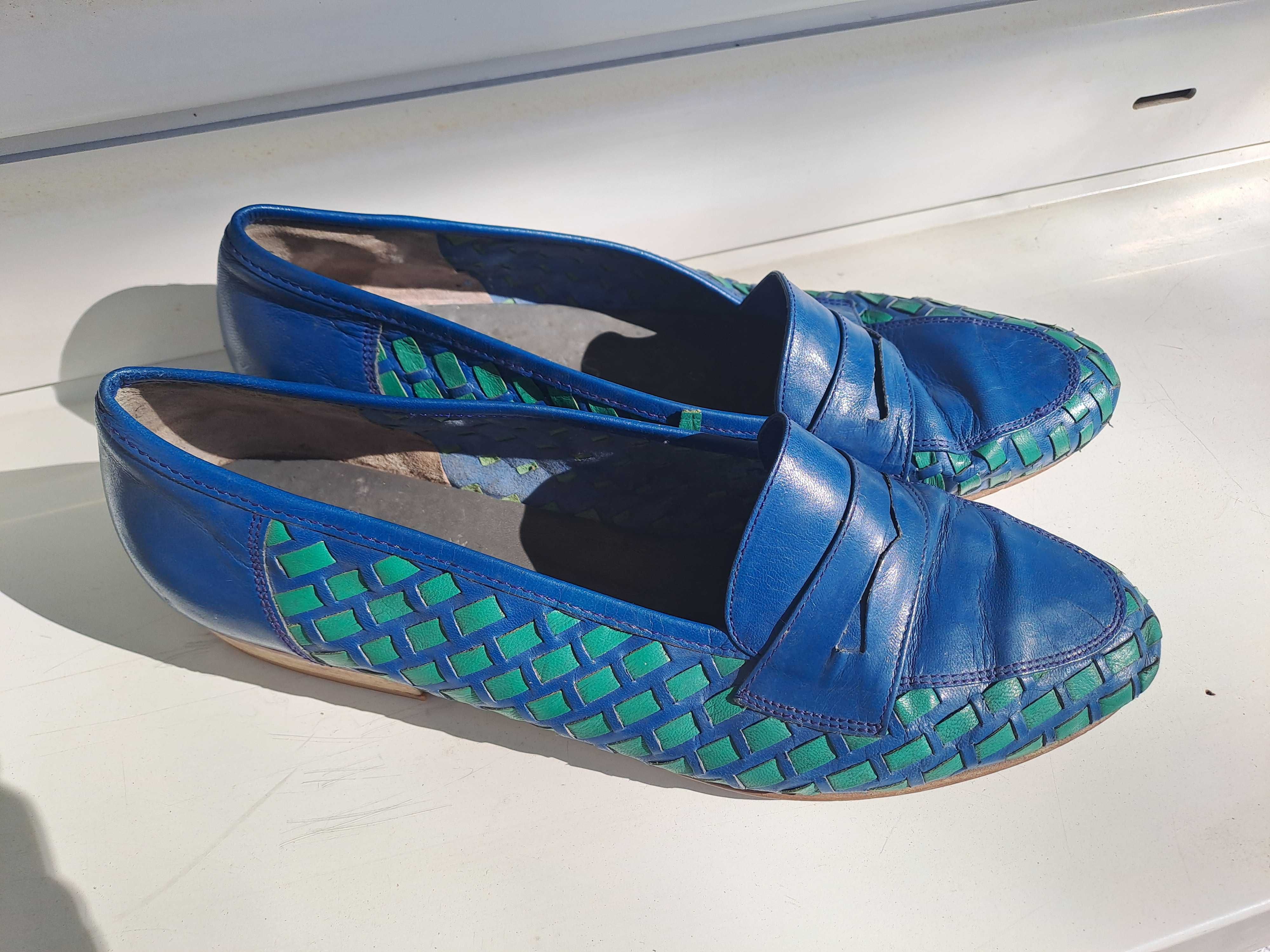 buty damskie wsuwane (mokasyny) niebieskie-zielone SERVAS