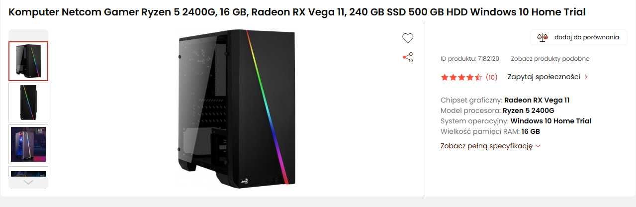 Komputer PC Netcom Gamer Ryzen 5 2400G, 16 GB, Radeon dysk ssd 240GB