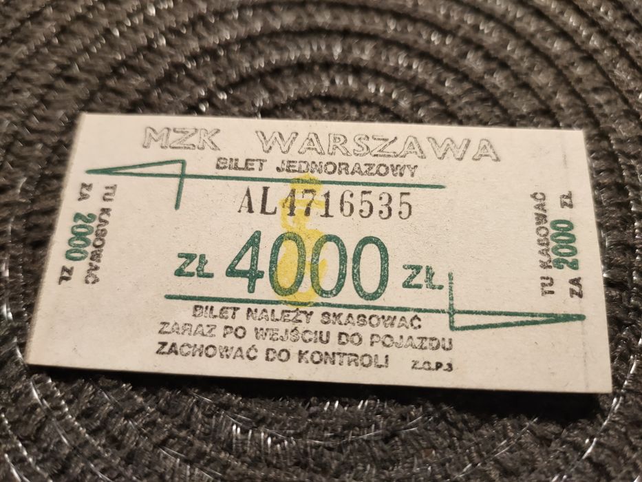 Bilet Jednorazowy MZK Warszawa 4000zl