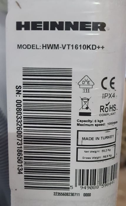 Пральна машина Heinner VT1610KD 6kg з баком для води.Нова