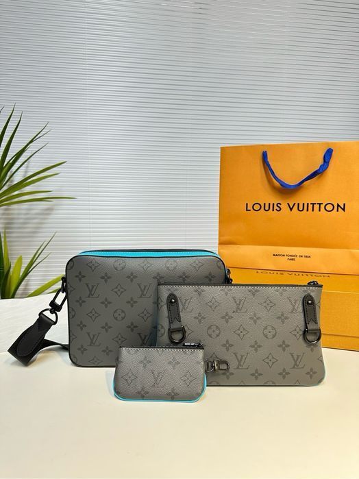 Louis Vuitton trio messenger сумка 3v1, 3в1 мужская синяя кожаная