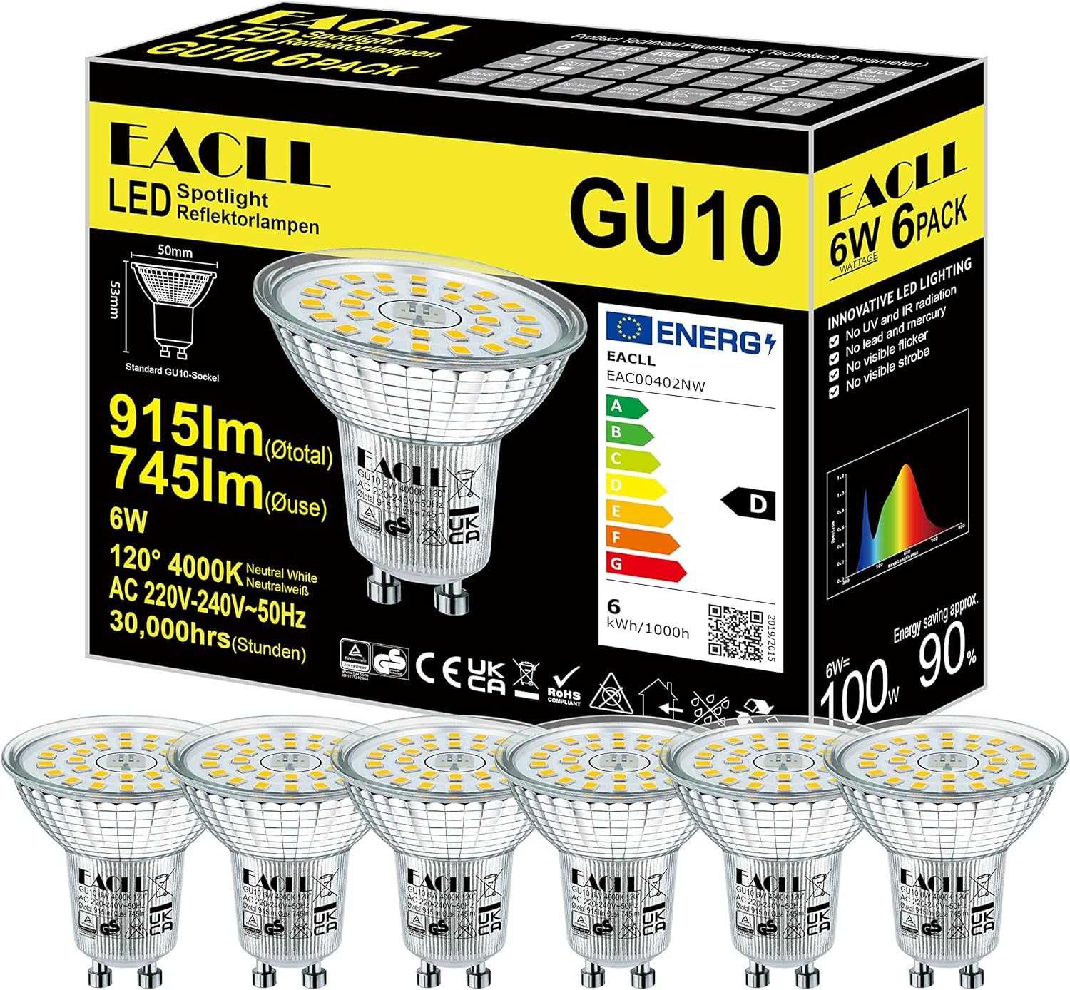 Kpl. 6 żarówek led gu10 6w zimne