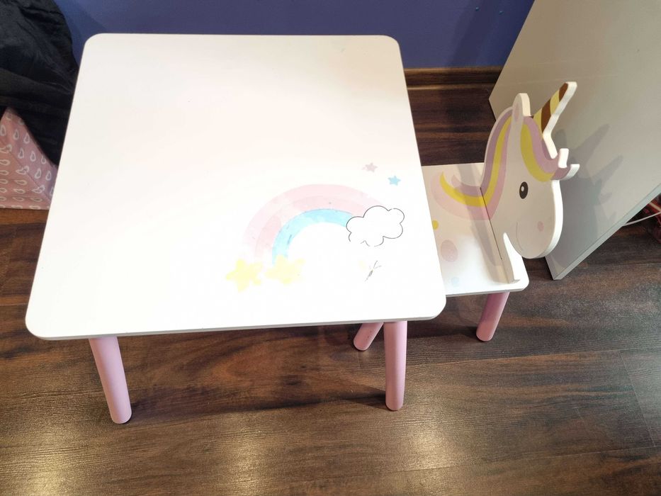 JEDNOROŻEC KONIK biały stół stolik DREWNIANY + krzesło dla dziewczynki