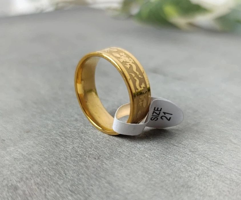 Nowy męski pierścionek stalowy złoty z smokiem