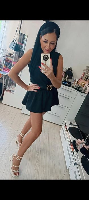 Piękny 100%len dobra metka  czarny zwiewny kombinezon sukienka spódnic