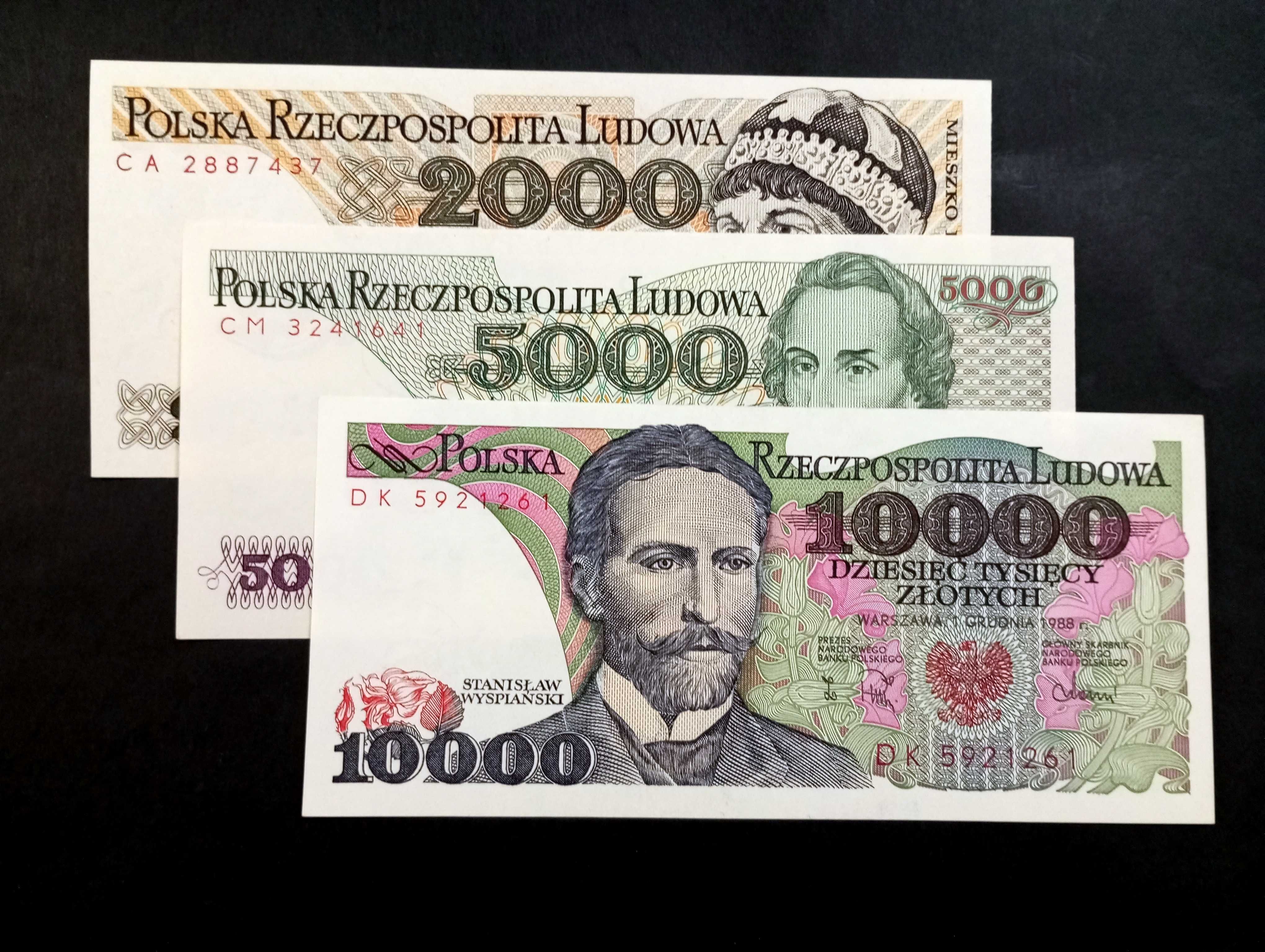 Banknoty PRL zestaw 3 szt. 2000/5000/10.000  zł st. 1 UNC