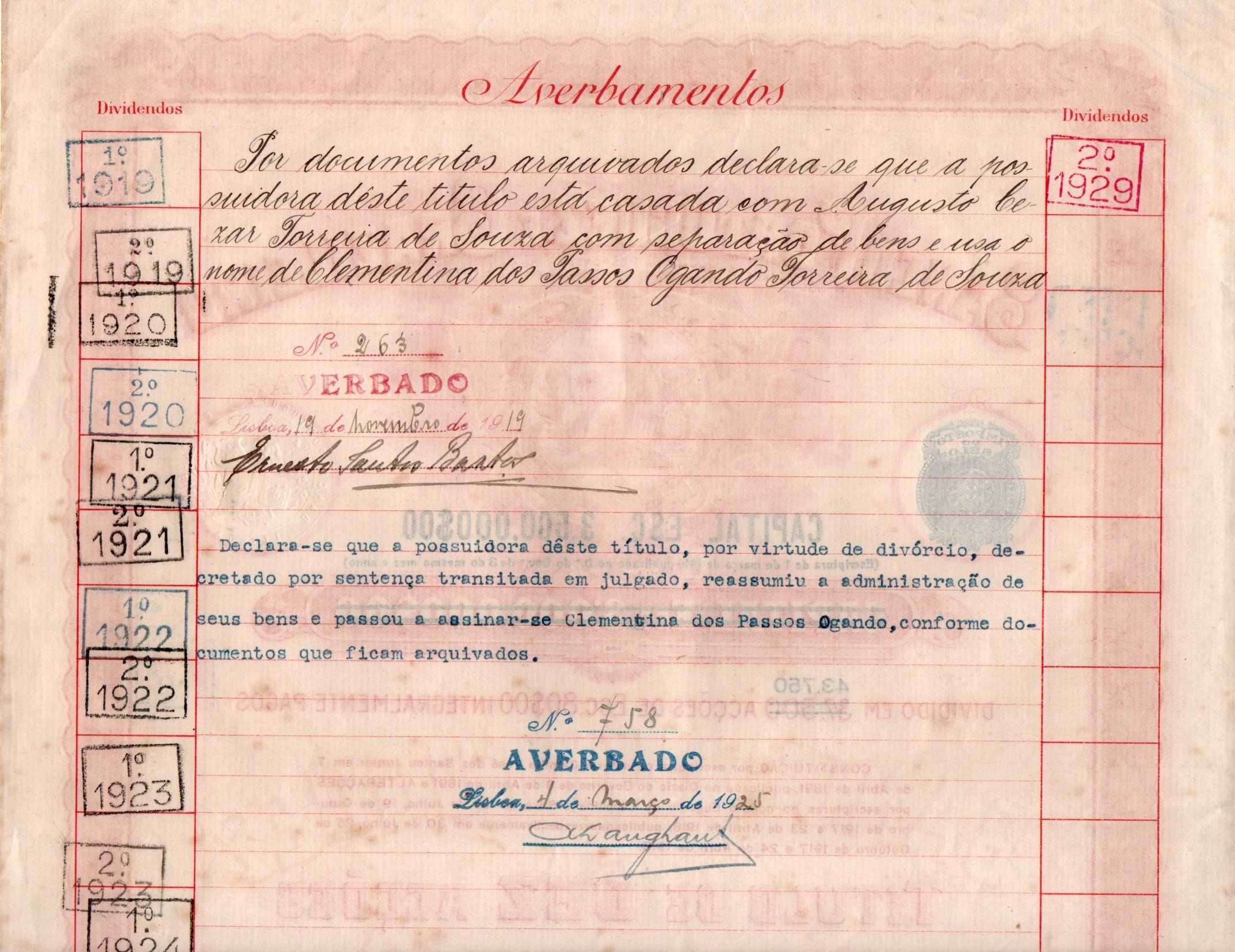 Título de 10 Acções - Banco Português Brasileiro (1919)