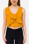 Crop top elegancki musztardowy celect musztarda falbanki