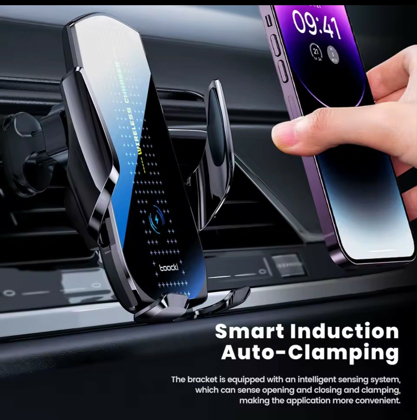 Uchwyt samochodowy - bezprzewodowe ładowanie telefonu, auto mocowanie.