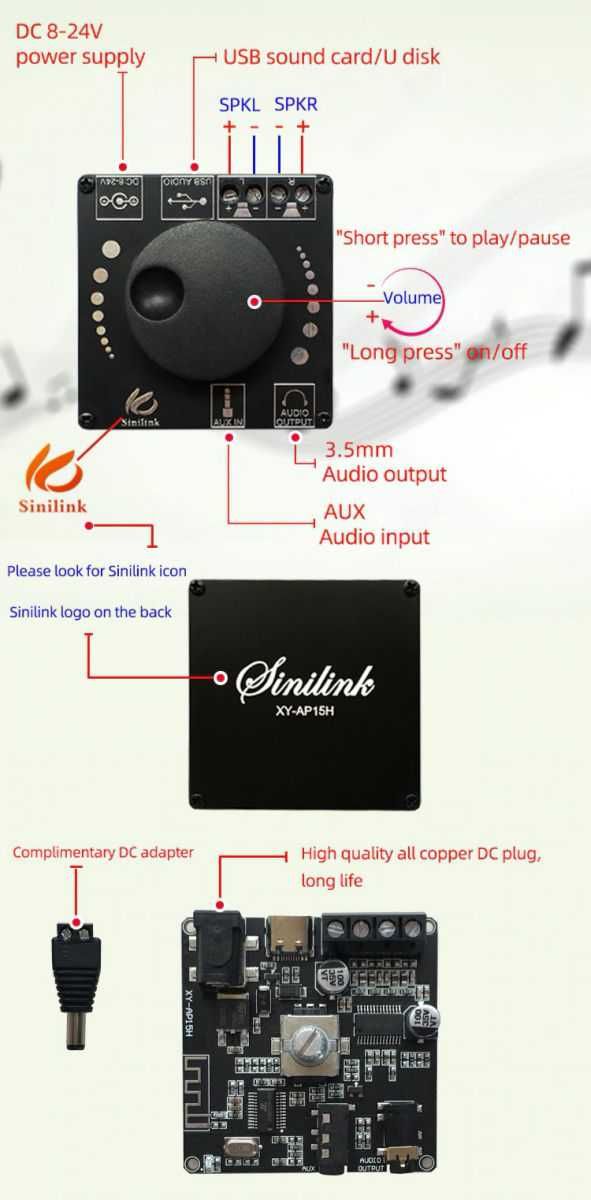 Аудио усилитель Sinilink XY-AP15H 2x20W с Bluetooth V5.0