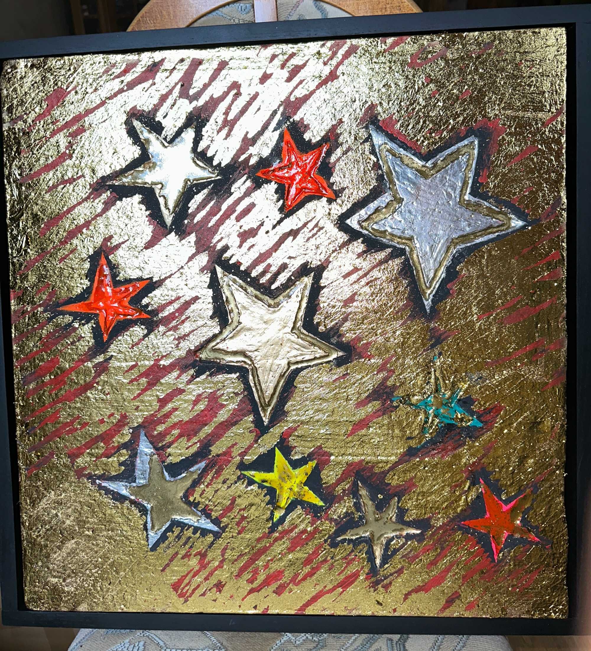 "Gwiazdy" obraz ręcznie malowany strukturalny 50 x 50 cm w ramie
