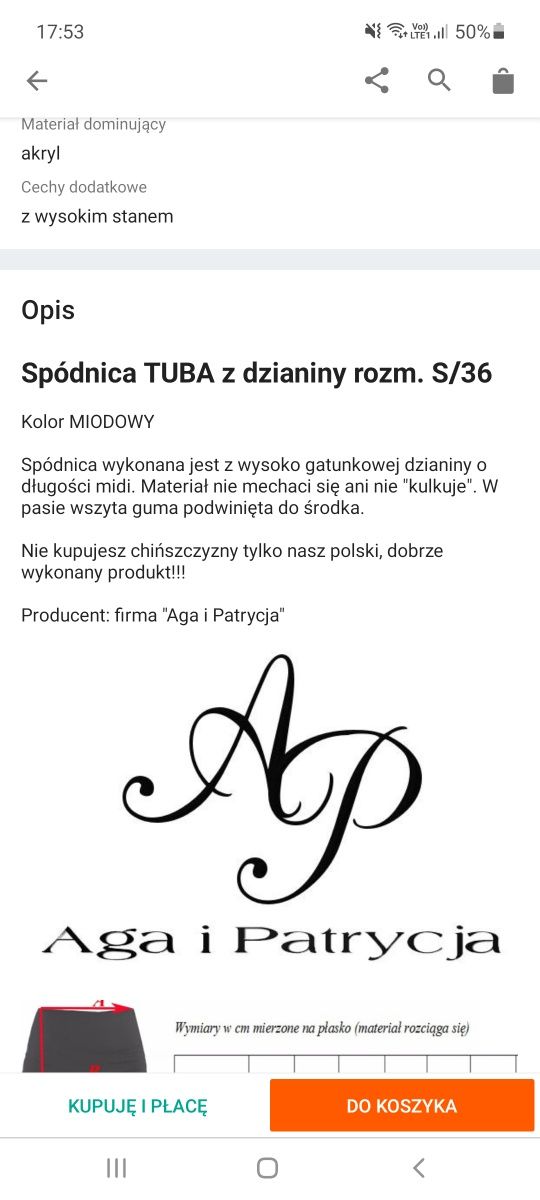 Spodnica tuba S/36 miodowa z dzianiny.