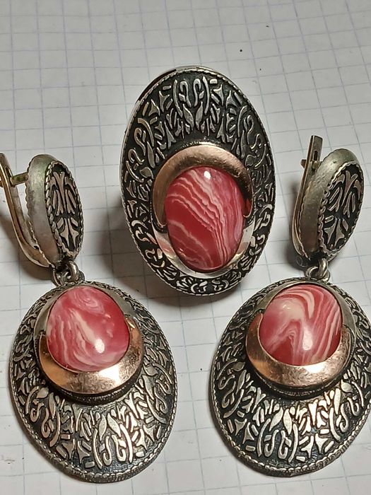Серьги и кольцо серебро, золото, коралл