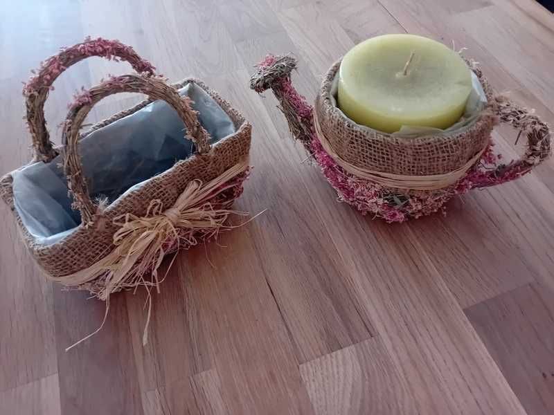 Conjunto artesanal decorativo – cesta e bule com vela
