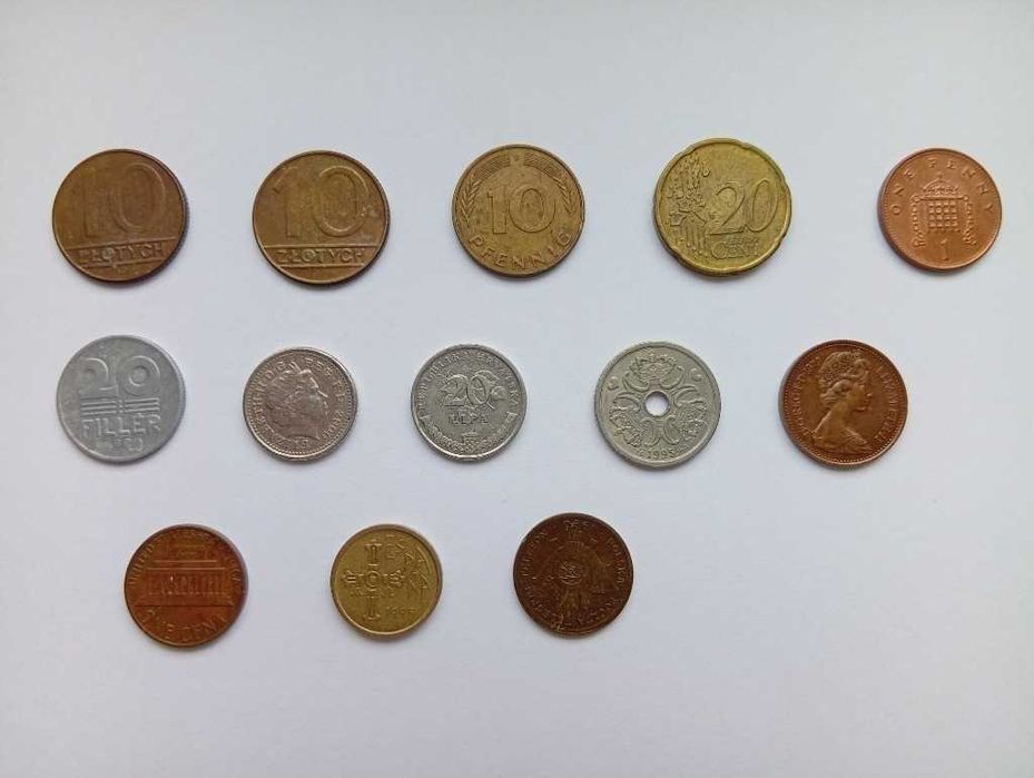 zestaw zbiór monet prl (13 monet) niemcy, dania, hiszpania, uk itp