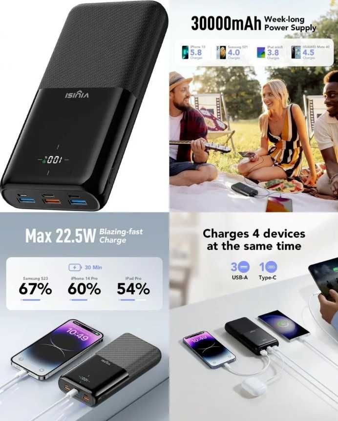 VIYISI Power Bank 30000 mAh, 22,5 W PD QC 3.0, com 3 entradas-4 saídas