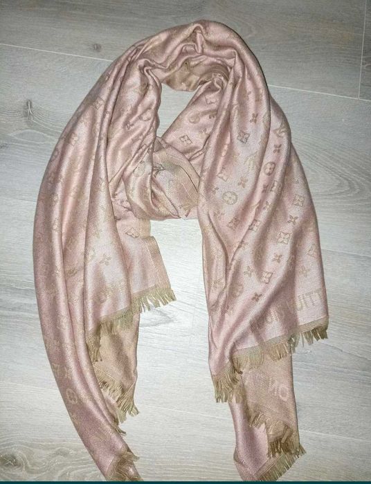 LV dwustronny szal szalik beżowo różowy 50% jedwab 50% kaszmir
