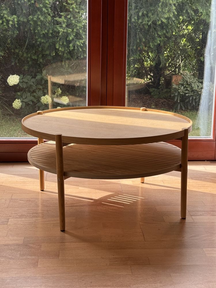 Stolik kawowy drewniany japandi okrągł designer ratan minimalistyc