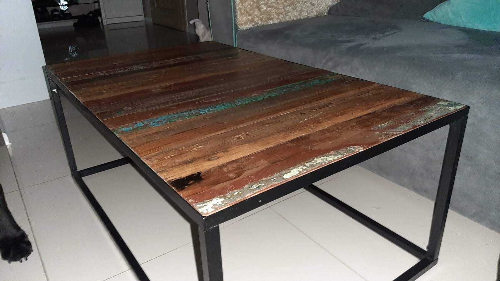 Stolik Kawowy Eko Metal i Lite Drewno Z Odzysku 100x60x40 Unikat