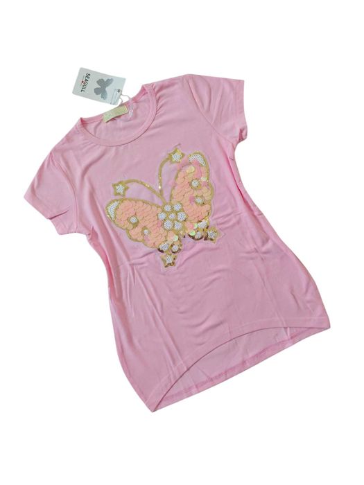 Bluzka różowa dziewczęcy t-shirt krótki rękaw koszulka nowa 140-146