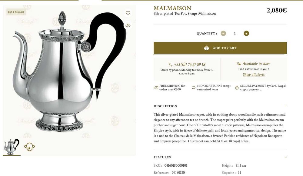 Christofle serviço chá e café 'Malmaison' em casquinha de prata / bule