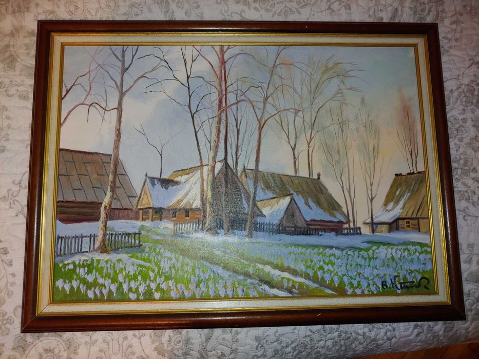 Obraz wioski Bronisława Kłosowskiego. Olej na płótnie.