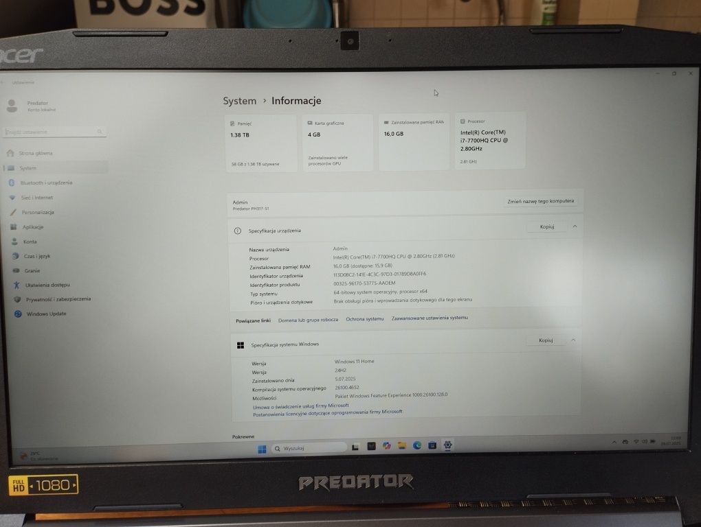Acer Predator Helios 300,i7,16g RAMGTX 1050TI,17.3`