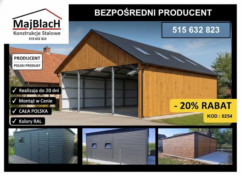 Rabat - 20% - Garaż ZŁOTY DĄB | Hala Garaż | RAL | Montaż  – Maj-Blach