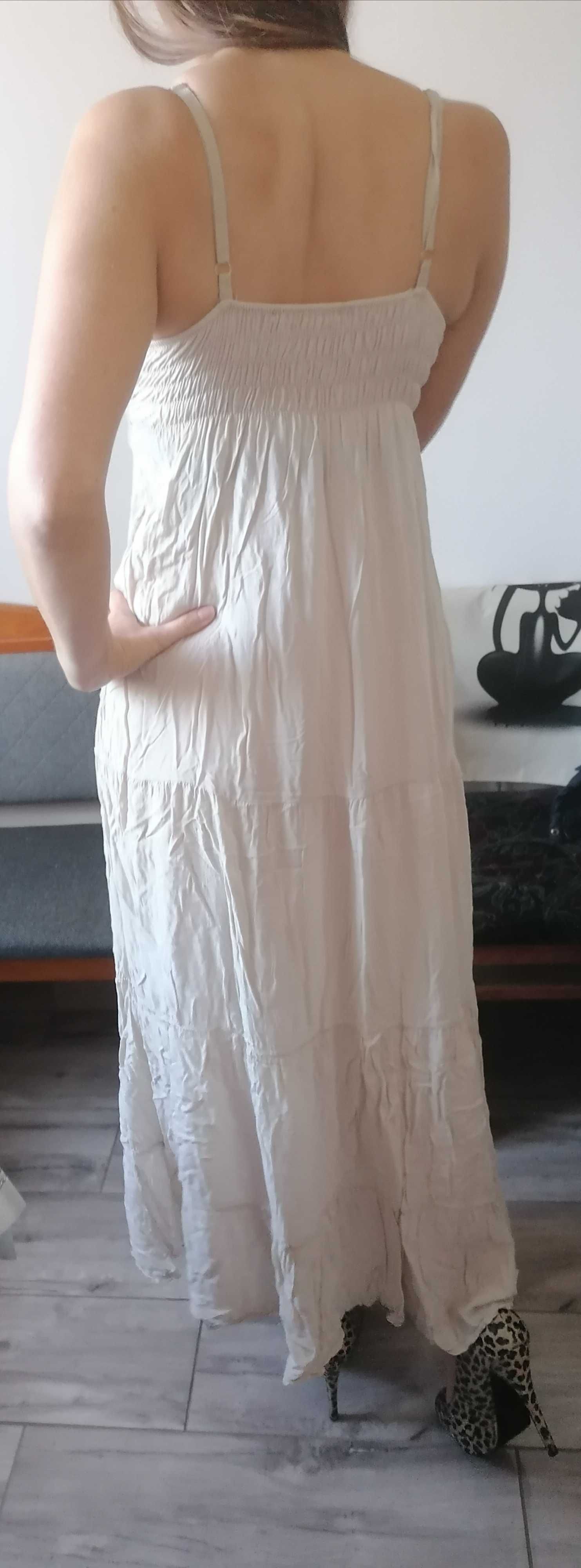 Wyjątkowa suknia sukienka S / M beżowa długa