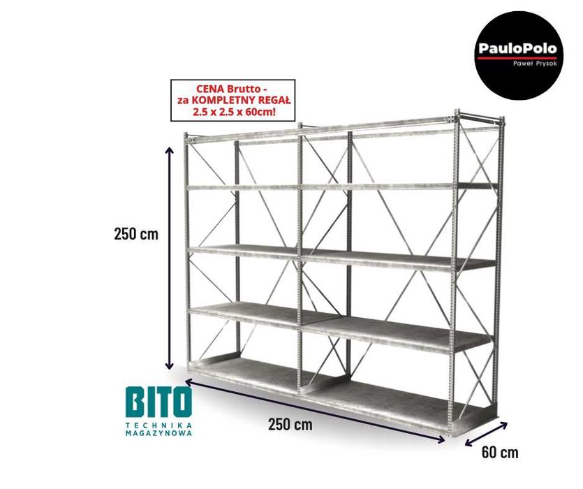 Cena Brutto cały regał  magazynowy BITO 250x250cmx60cm gł-10 półek ocy