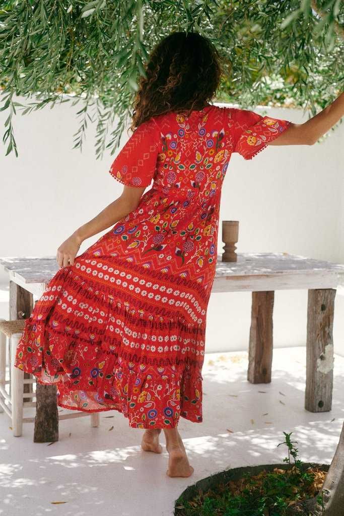 Платье макси красное в этно, бохо стиле в цветочный принт jaase