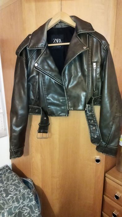 ramoneska zara viral khaki XS skórzana kurtka