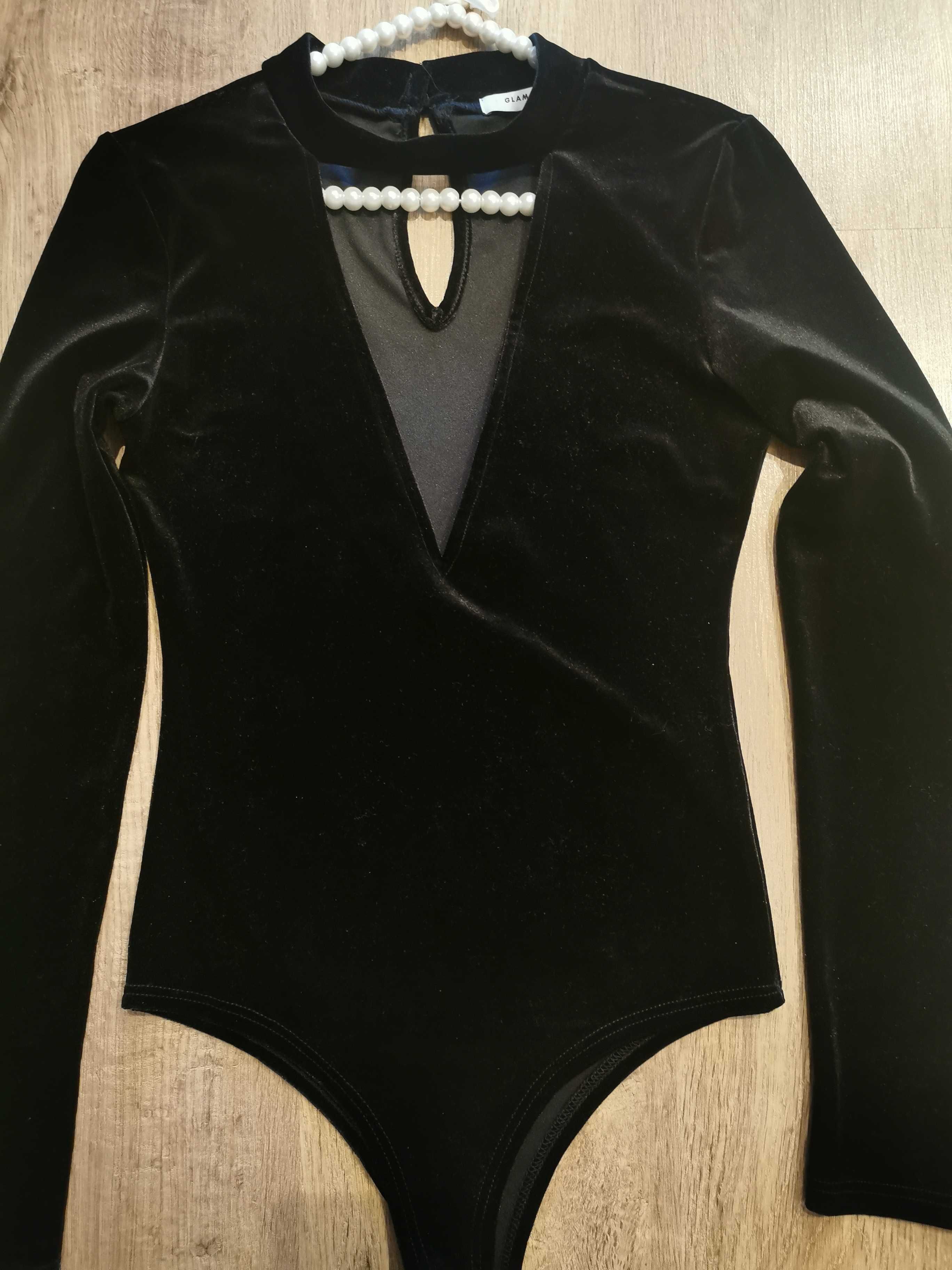 Welurowe body duży dekolt w serek z chokerem choker S 36 czarne