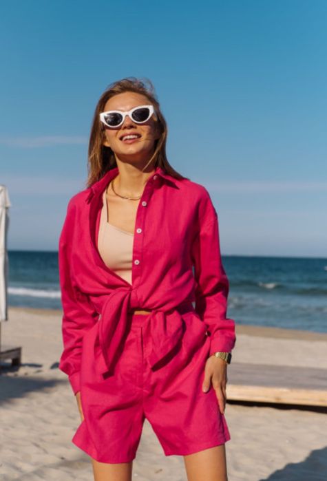 Komplet lniany: koszula + szorty, kolor fuksja