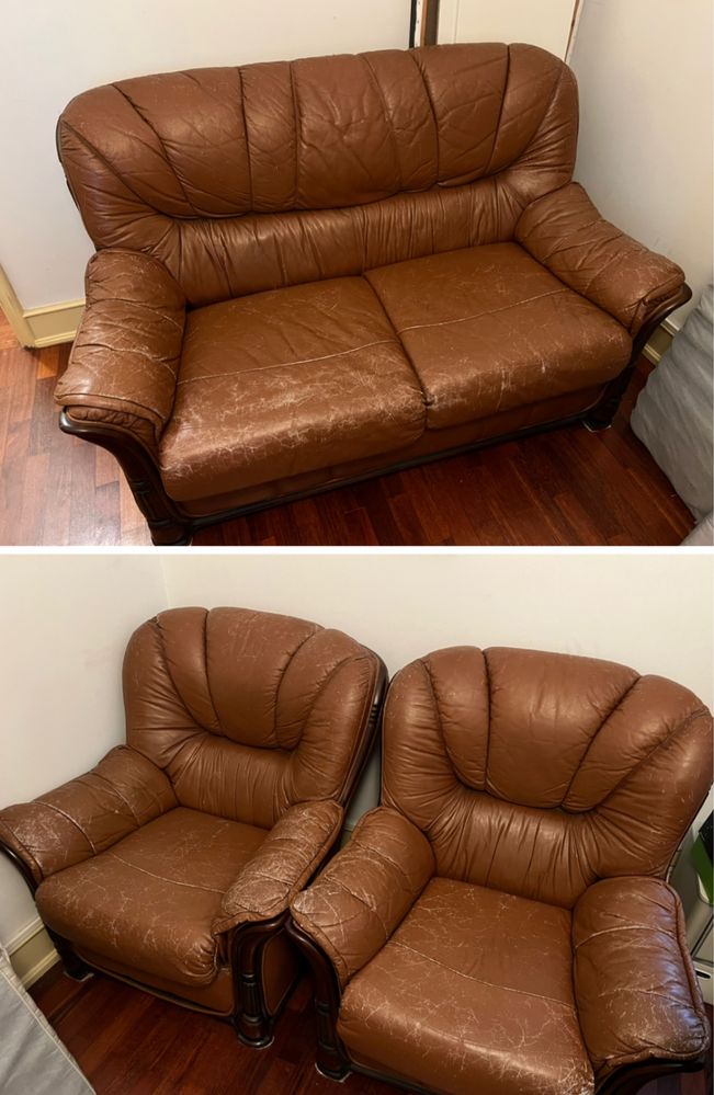 Sofá + 2 poltronas em couro