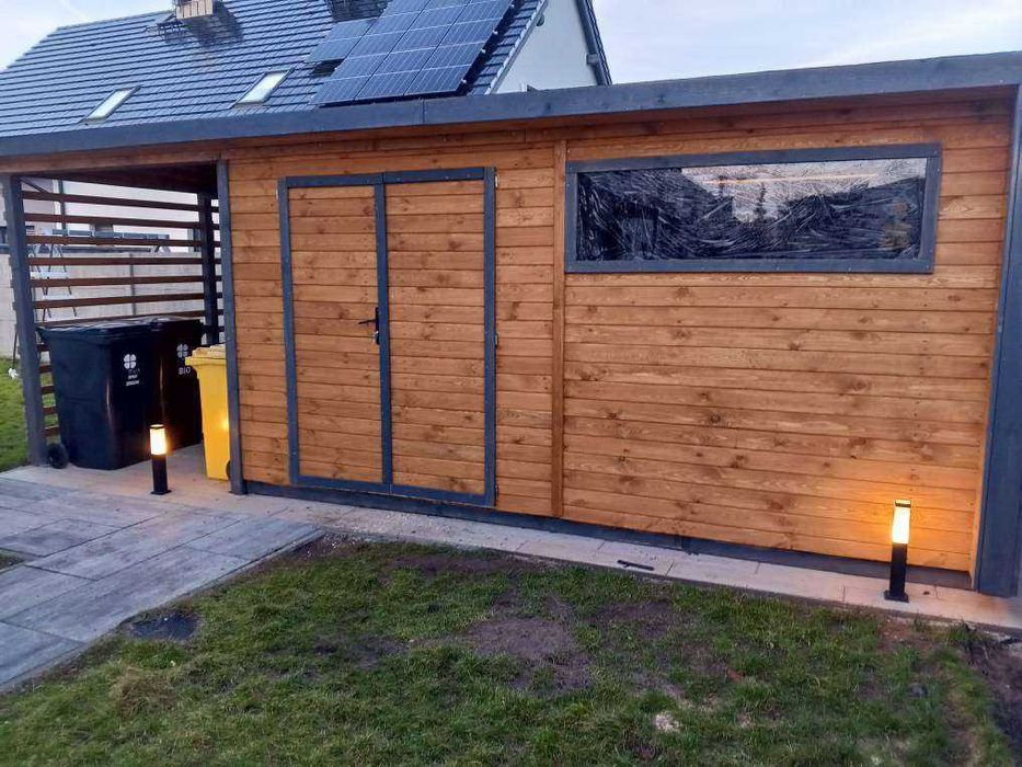 %Raty% Nowoczesny domek narzędziowy z drewutnia zadaszeniem