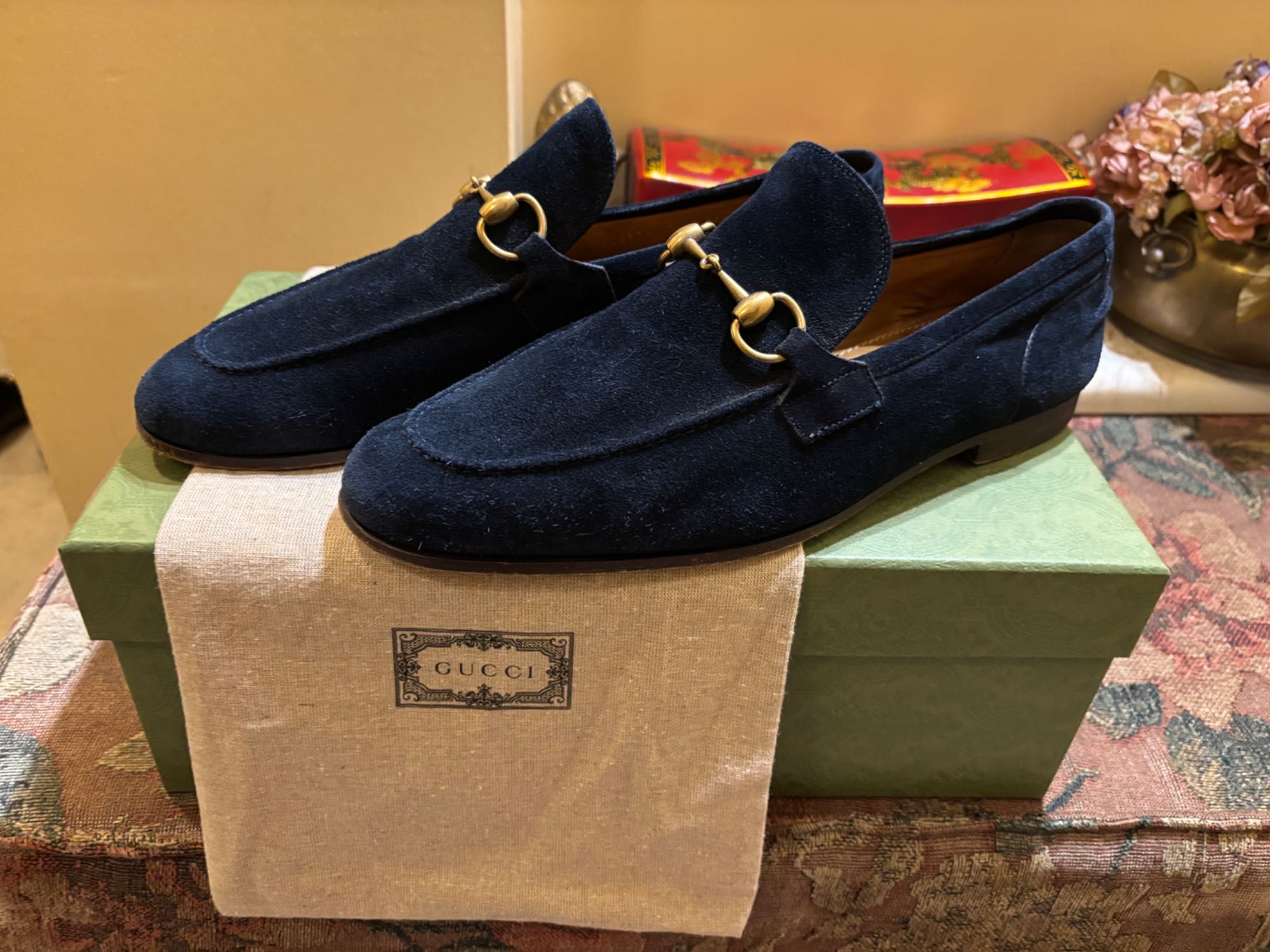 GUCCI - mokasyny zamszowe granatowe, rozmiar 44