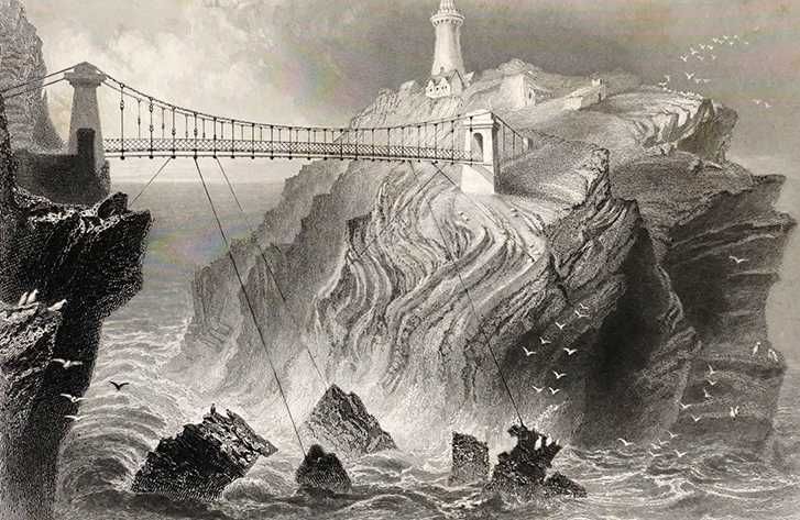 Stara grafika, staloryt, Bridge to the south stack lighthouse, 1840