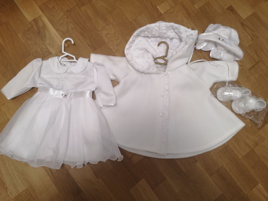 Komplet do chrztu, sukienka do chrztu 68 płaszczyk polarowy, buciki
