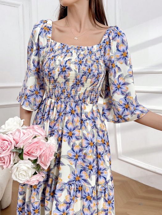 Sukienka Maxi Boho W Kwiaty Rozkloszowana Elastyczny Dekolt Shein L 40