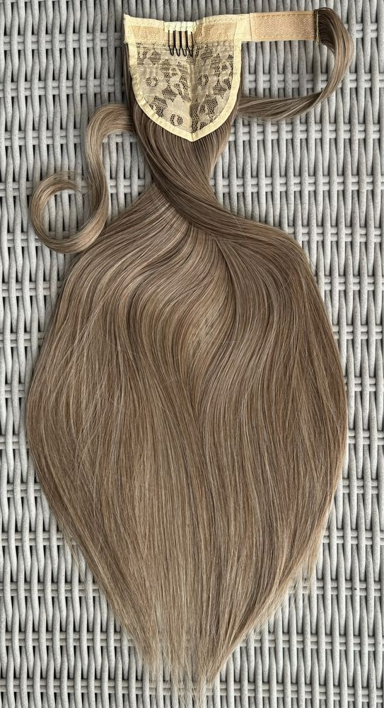 Premium Ultra ciemny naturalny blond, włosy doczepiane, kucyk, treska