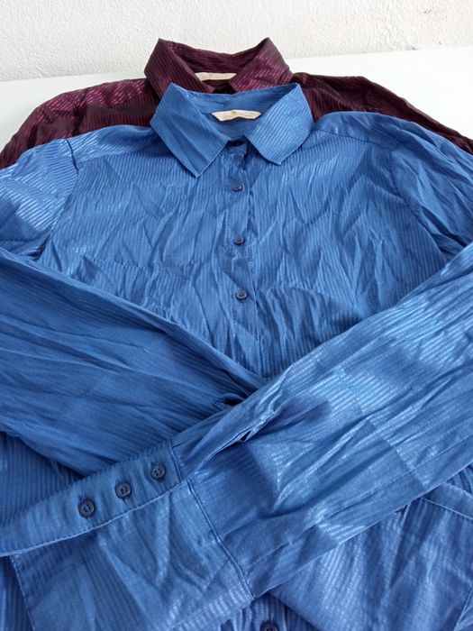 Camisas/camiseiros (preto, bege, roxo que moldam a silhueta-L e XL