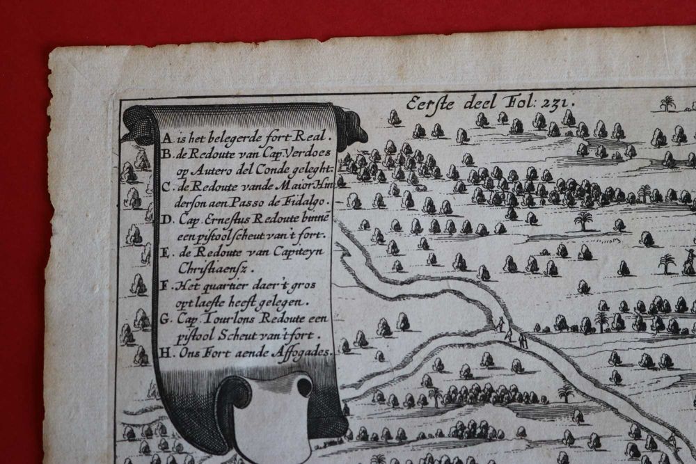 Mapa antigo com fortes e cena de batalha, séc. XVII